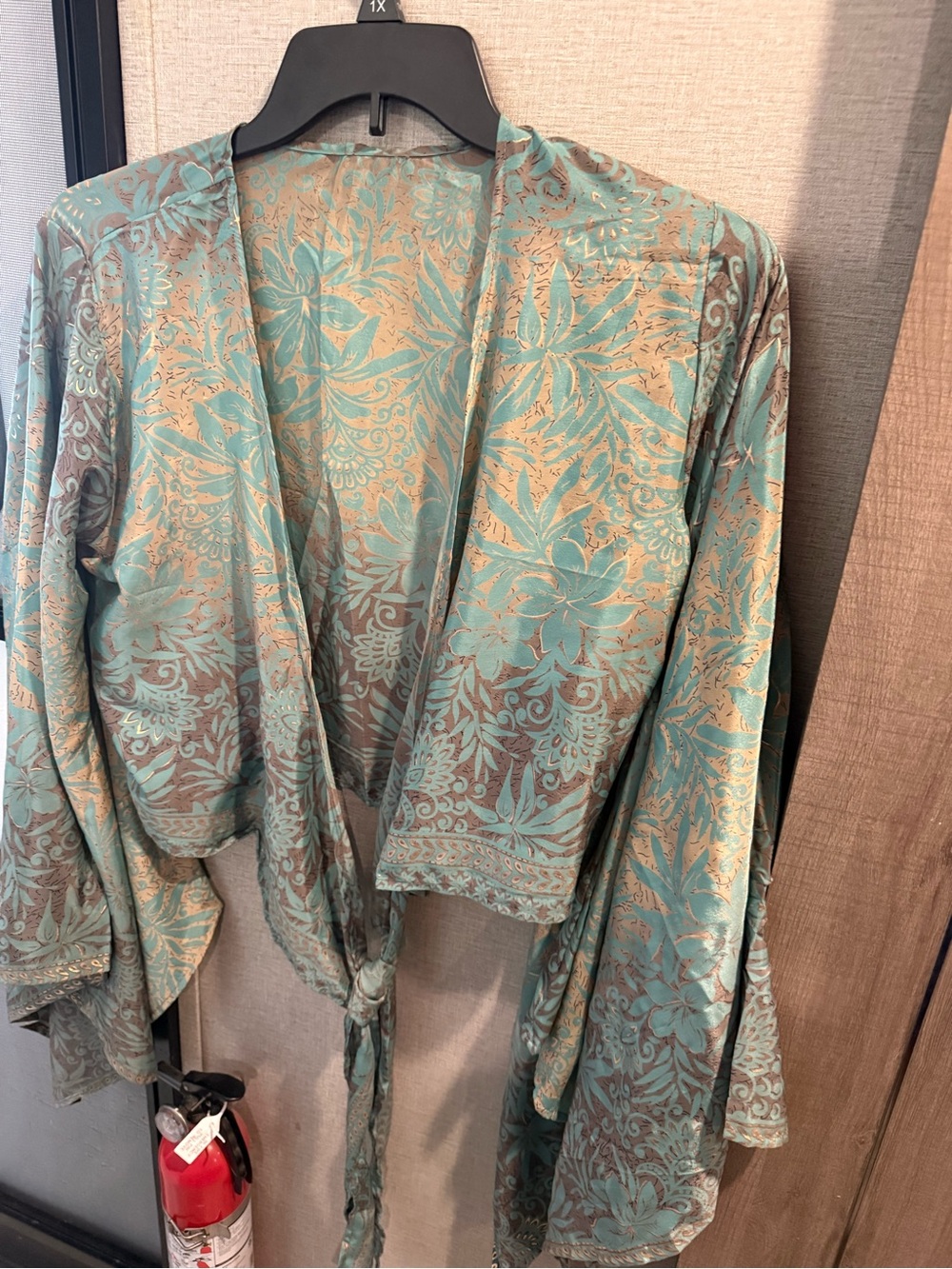 Teal Floral Satin Kimono Robe with Tie